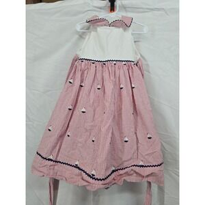 Glorimont Girls Red White Seersucker Sailboat Dress Navy Ric Rac Size 4 USA Made